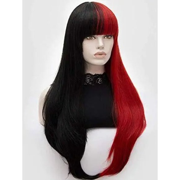 Half Red Half Black Split Dye Hair Wig with Bangs - Picture 2 of 6